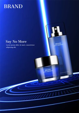 Mavi ışık sütunu ve yerde eşmerkezli ışık halkaları olan kozmetik ürünleri