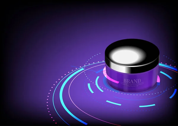 化妆品广告 紫色深色底色的奶油容器和抽象的未来派圆圈 — 图库矢量图片