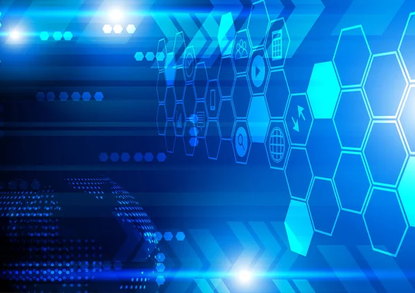 Parlak ışıkları olan mavi altıgenler ve ok simgeleri