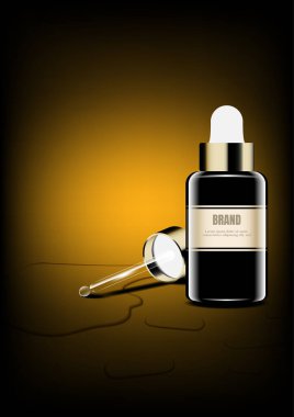 Altın kaplama ve koyu arkaplanda su bulunan serum ve cam damlası.