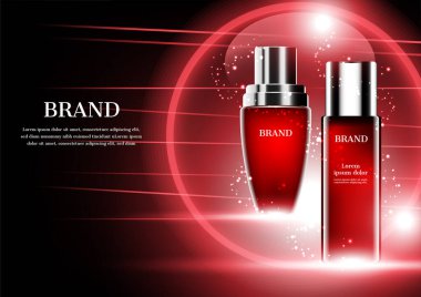 Soyut kırmızı çizgileri ve koyu arkaplanda küresi olan kozmetik ürünleri