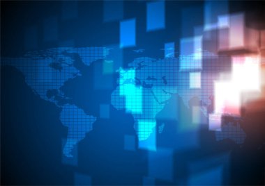 Mavi harita üzerinde yüzen küçük parlayan kareler NASA tarafından desteklenen bu resmin bazı elementleri