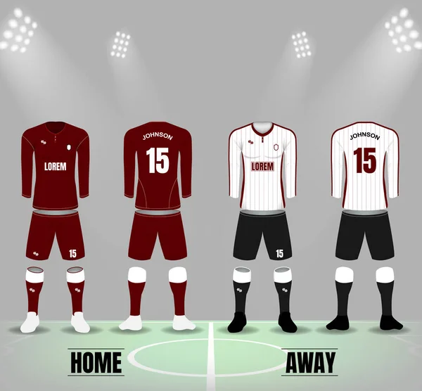 Front and back of soccer uniforms in dark red and white color with socks and shoes