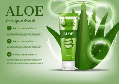 Kozmetik reklamı, aloe vera ağacı köpüğü ve yeşil arka planda baloncuklar.