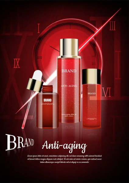 Roma rakamlarının arka planında bölünmüş saate yaşlanma önleyici kozmetik seti