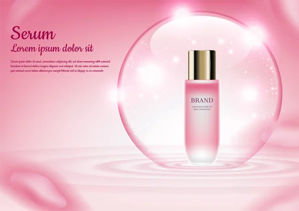 Pembe arka planda eşmerkezli dalgalı parlak baloncuk içinde yüzen serum.