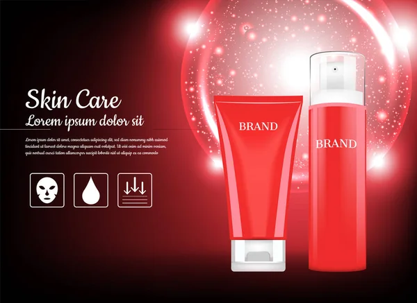 Kozmetikai Reklám Piros Bőrápoló Készlet Csillogó Fénnyel — Stock Vector