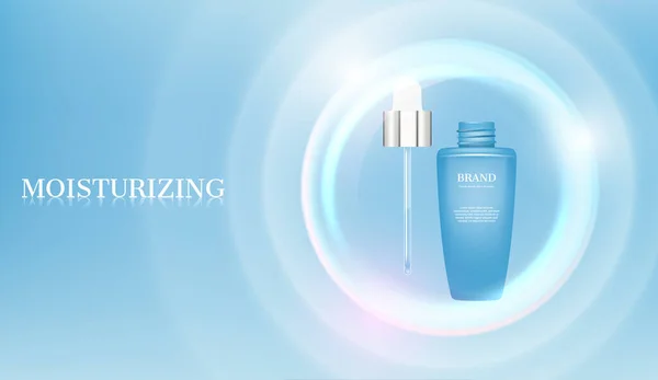 Açık mavi arkaplanda kozmetik ürün serumu ve kabarcığı