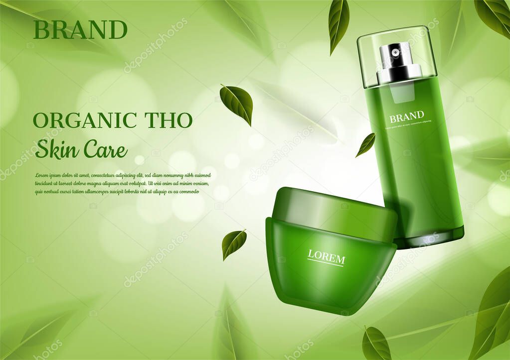 skincare set with flying green leaves, vector cosmetic ad