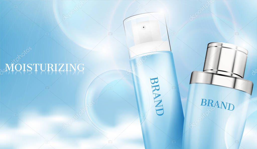Cosmetic ad, close up skincare set on fluffy cloud and air bubble