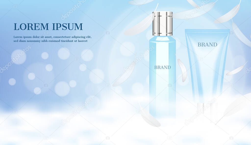 Serum and foam with cloud and small feathers on light blue background