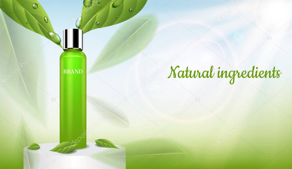 Serum with green leaves and shining light on round podium