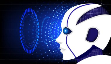 Koyu arkaplanda fütüristik UI kullanan beyaz robot