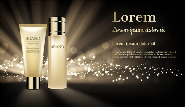 Parlak ışık ve parıltılı altın kozmetik ürünleri