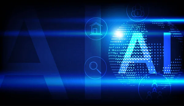 Yapay zeka kavramı, küresel şekilli yapay zeka harfleri ve mavi parlak ışıklar.