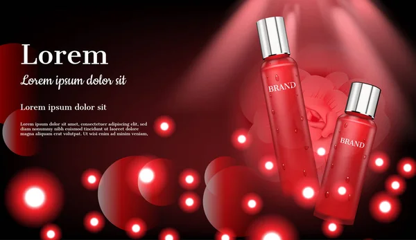 Produtos Cosméticos Com Bolas Luz Vermelha Brilhante Fundo Holofote Vermelho — Vetor de Stock