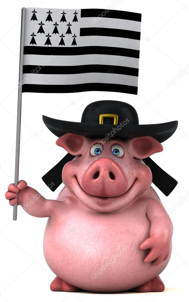 Funny pig holding flag  