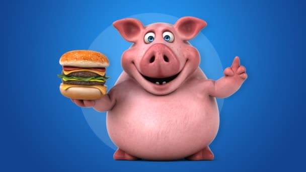 Porco engraçado com hambúrguer — Vídeo de Stock