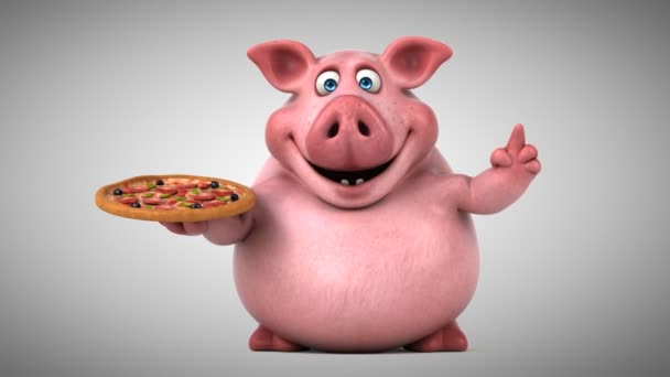 Rolig gris med pizza — Stockvideo