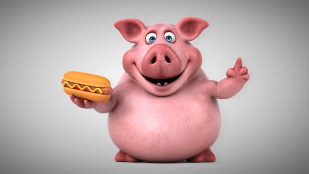 Rolig gris med hotdog — Stockvideo