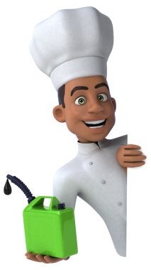 Şef elinde bidon yağı tutuyor. 