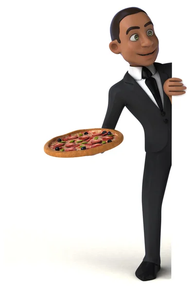 Businessman holding card and pizza — Stock Photo, Image