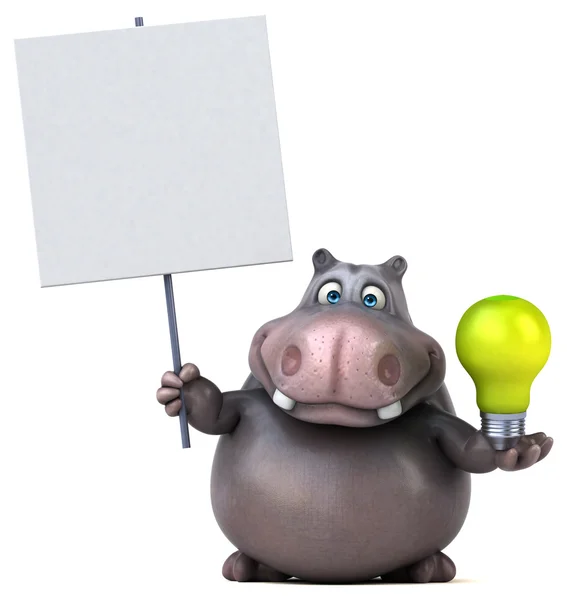 Веселый бегемот держит лампочку — стоковое фото
