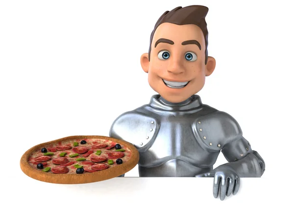 Medieval knight holding pizza — Stock Photo, Image