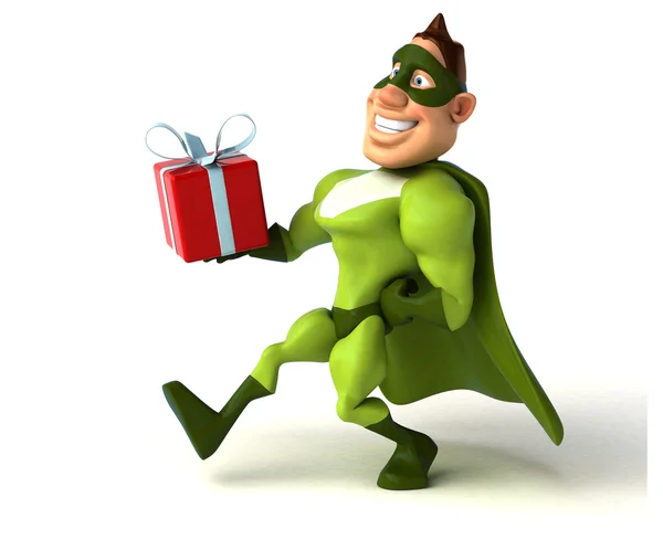 Superhero holding present — Stock Photo, Image