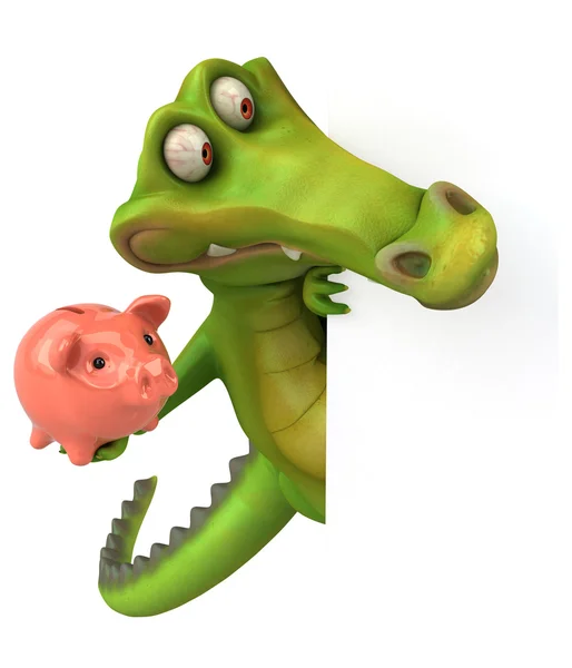 Crocodile  holding piggy bank and card — Stock Photo, Image