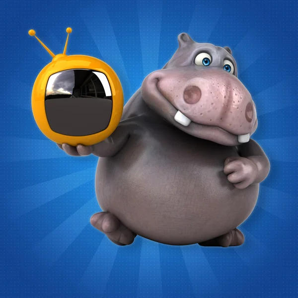 Leuk hippo holding retro tv — Stockfoto