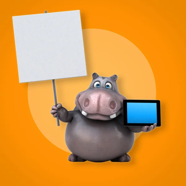 Divertido hipopótamo celebración tableta — Foto de Stock