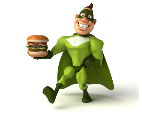 Супергерой держит бургер — стоковое фото