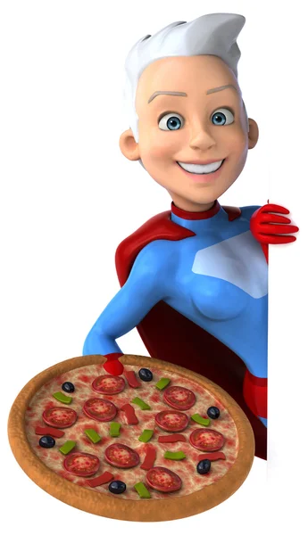Super mulher segurando pizza — Fotografia de Stock