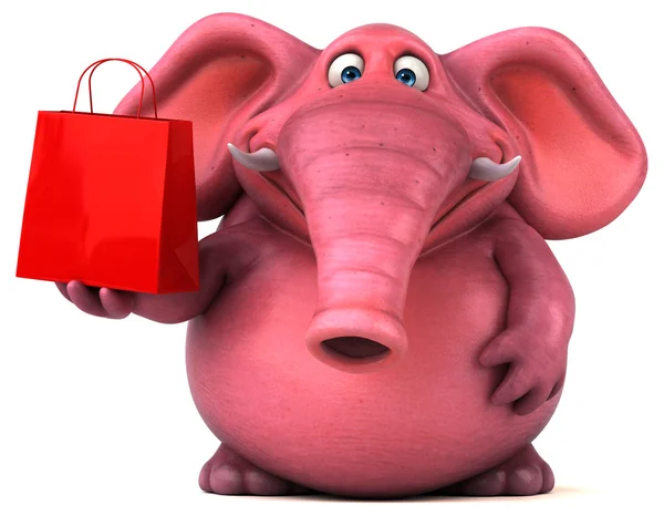 Elefante rosa segurando saco de compras — Fotografia de Stock