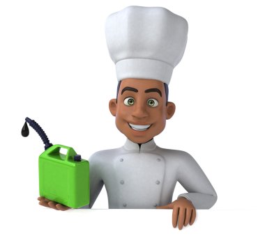 Şef elinde bidon yağı tutuyor.