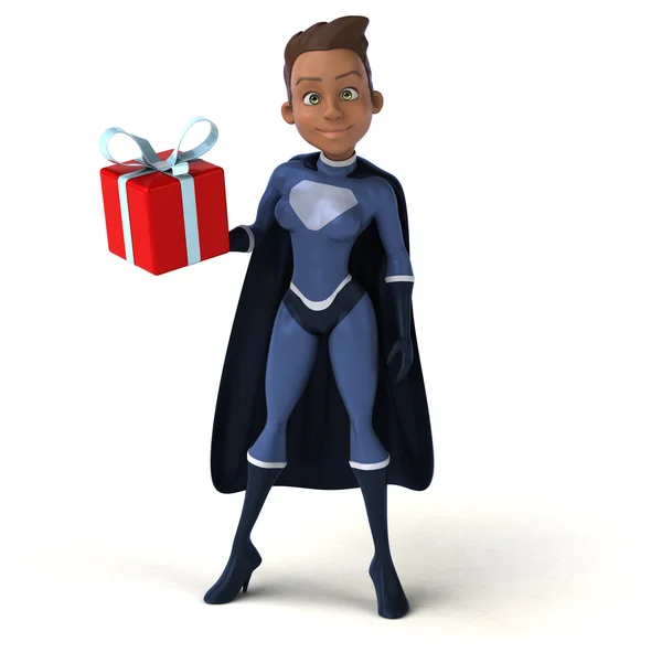 Super woman holding gift box — Stock Photo, Image