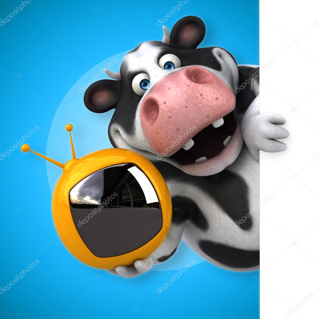cow holding retro tv