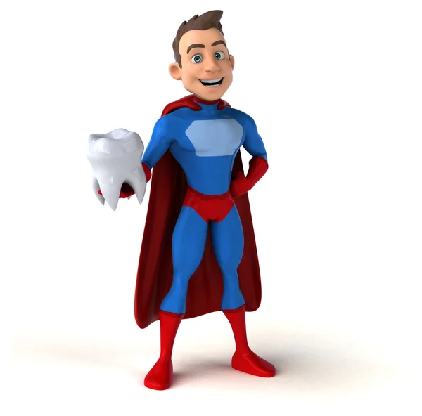 Веселый супергерой держит зуб — стоковое фото