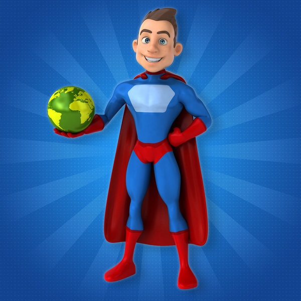 Fun superhero holding  globe 