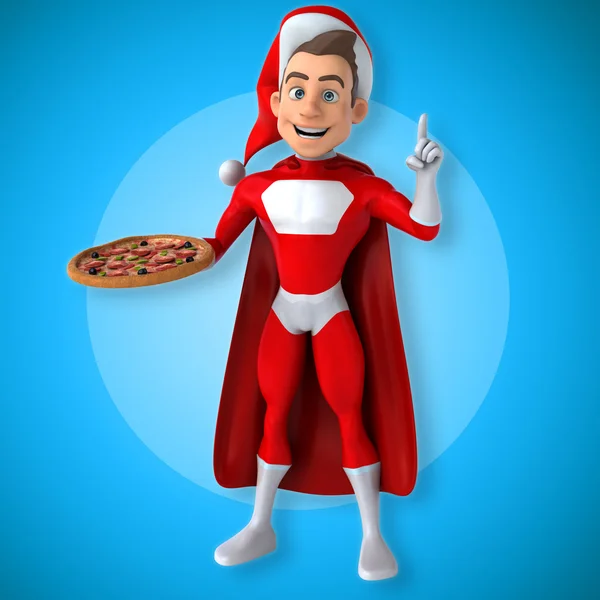 Смешной супергерой держит пиццу — стоковое фото
