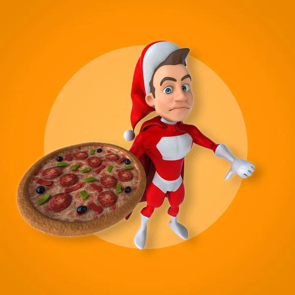 Zabawny superhero pizza gospodarstwa — Zdjęcie stockowe