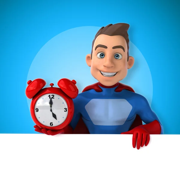 Süper kahraman holding kart ve masa saati — Stok fotoğraf