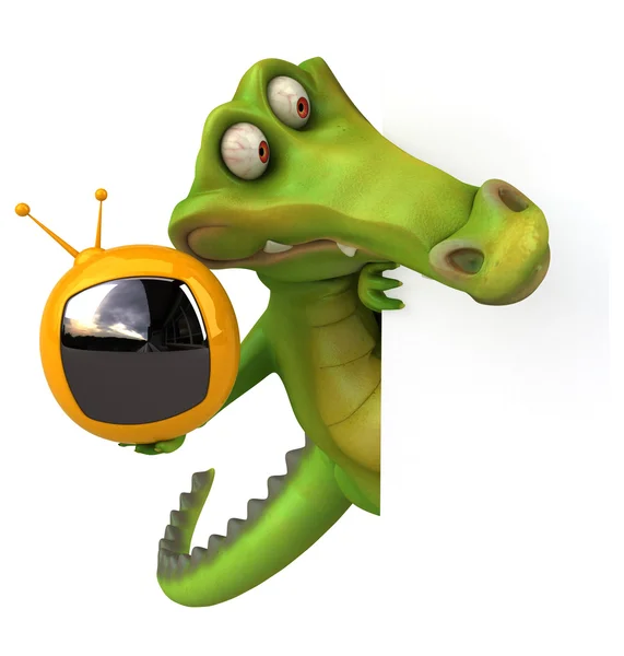 Fun crocodile holding retro tv — Stock Photo, Image