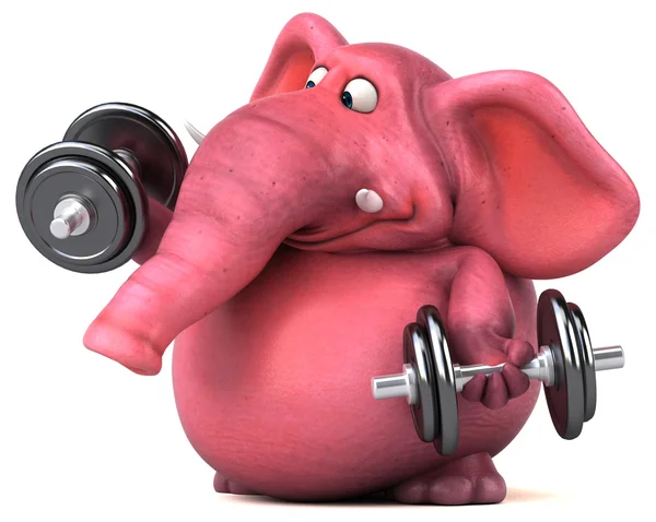 Pink elephant holding dumbbells — Stock Photo, Image