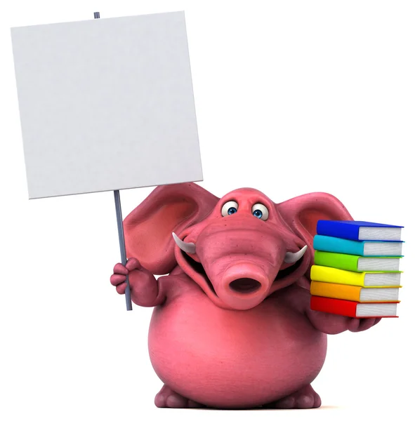 Růžový slon drží knihy a plakát — Stock fotografie
