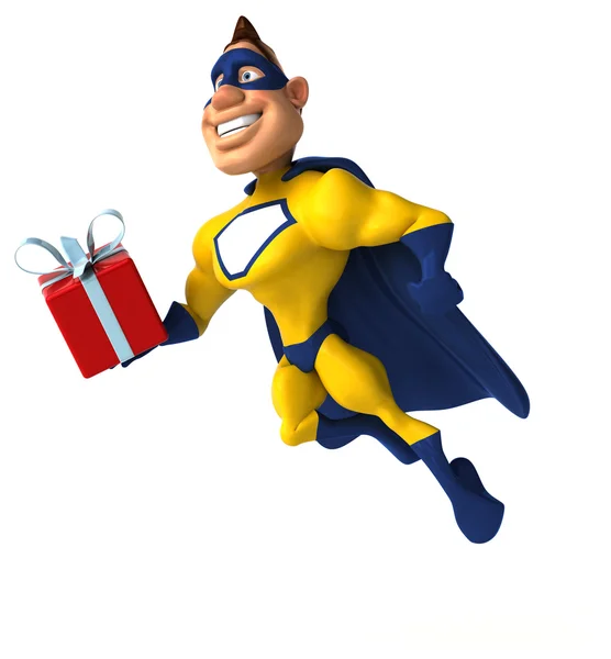 Funny  superhero holding present — Stock Photo, Image