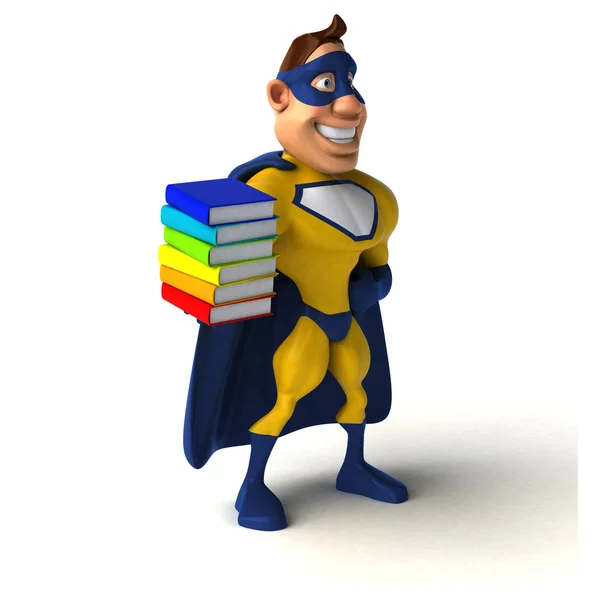Super-herói engraçado segurando livros — Fotografia de Stock
