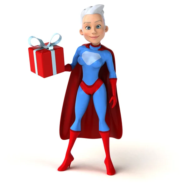 Super woman holding gåva — Stockfoto