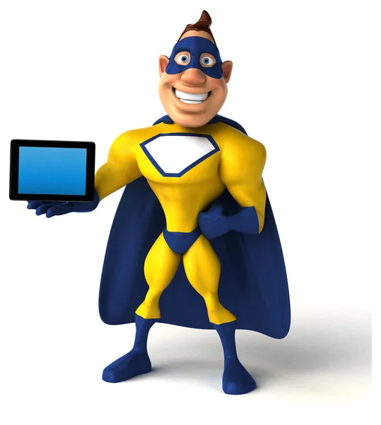 Смешной супергерой держит планшет — стоковое фото